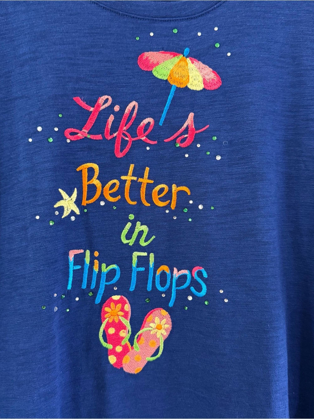 Quacker Factory Womens Embroidered Life’s Better In Flip Flops Top Size 1X Blue - Picture 4 of 9